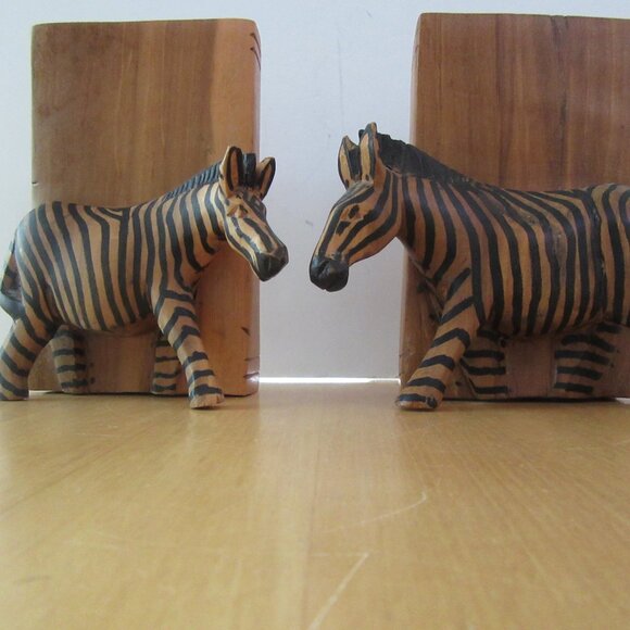 Vintage carved wood zebra & book bookends - library decor - AS IS - Picture 2 of 7